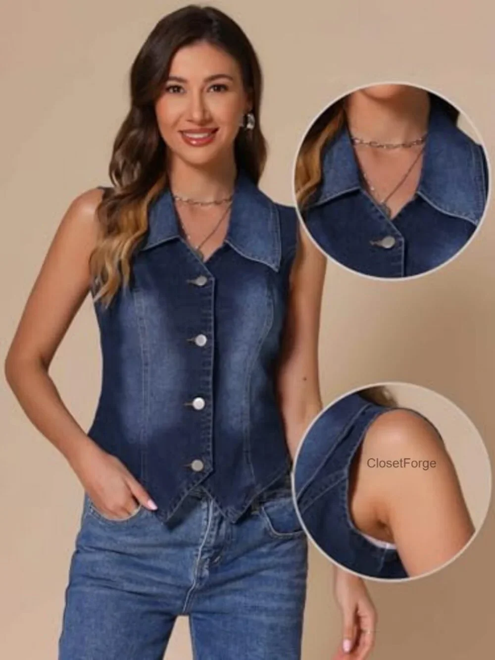 Sleeveless Denim Vest with Button Down Lapel, Regular Fit